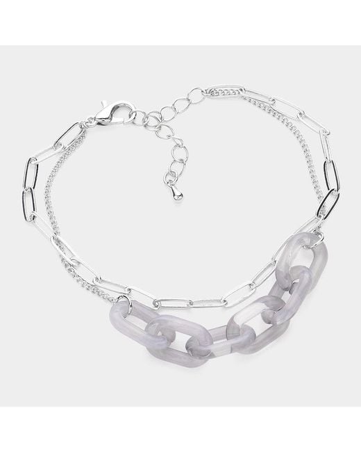 Fashnzfab Metallic Celluloid Acetate Open Oval Link Double Layered Bracelet, Rhodium
