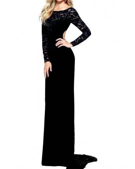 Sherri Hill Women's Black Lace Long Sleeve Jersey Cut Out Back