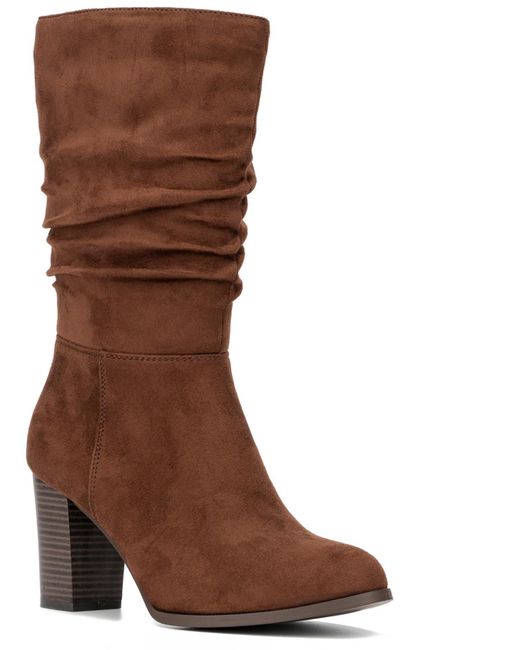 New York & Company Brown Amena Scrunch Boot Block Heel Side Zip Mid-calf Boots