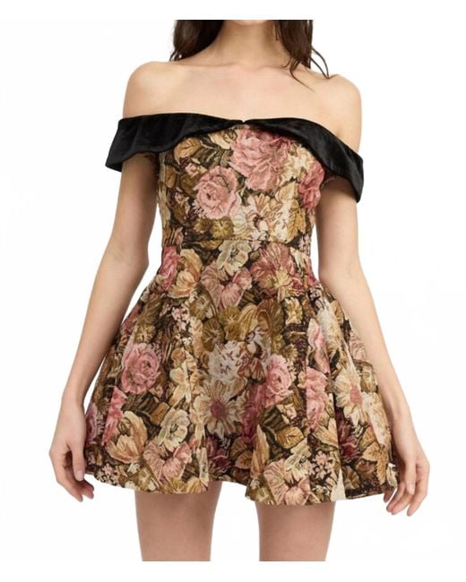En Saison Brown Carey Jacquard Off The Shoulder Fit & Flare Mini Dress
