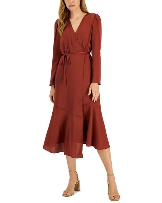INC Red Belted Midi Wrap Dress