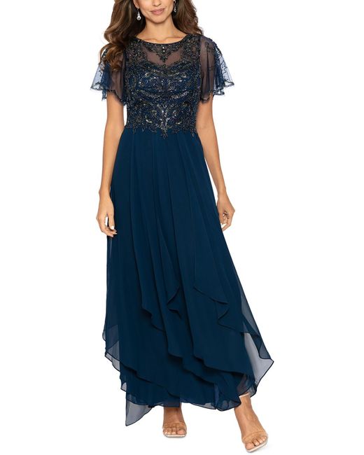 Xscape Blue Sequined Long Evening Dress