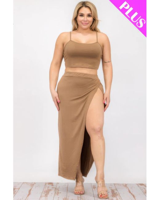 Fashnzfab Multicolor Plus Size Crop Cami & Split Thigh Maxi Skirt Set