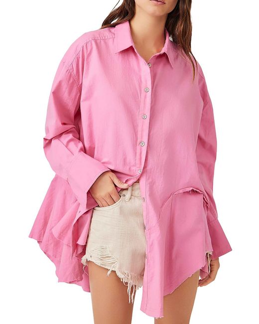 Free People Pink Cotton Tunic Button-down Top