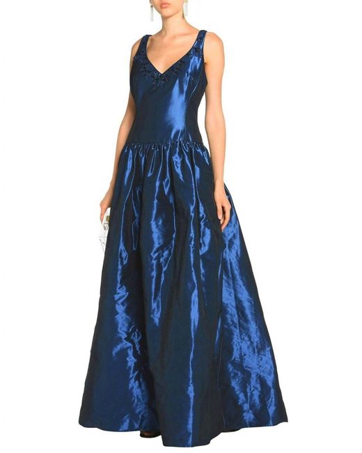 Marchesa Blue Taffeta Satin Embellished Dress Ball Gown