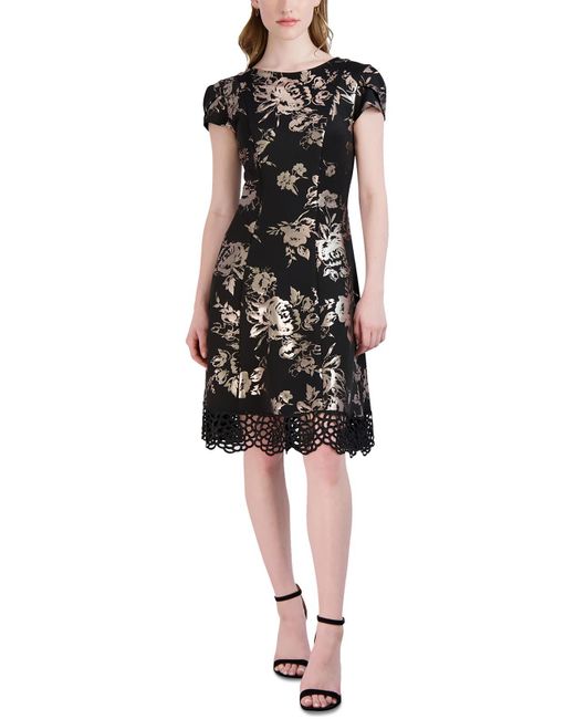 Donna Ricco Black Floral Print Knee Length Fit & Flare Dress