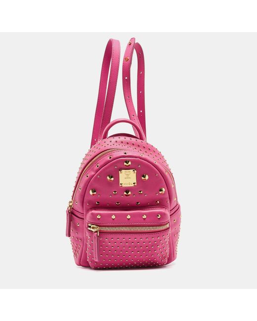 MCM Pink Dark Leather Mini Studded Stark Backpack