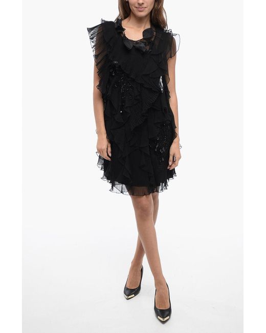 Alberta Ferretti Black Georgette Plited And Ruffle Desing Dress With Shimmer Embrod