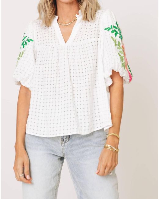 Thml White Garden Party Embroidered Puff Sleeve Top