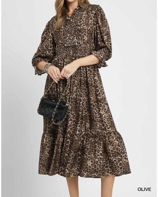 Umgee Leopard Print Smocked Midi Dress in Brown | Lyst
