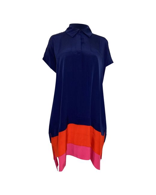 Diane von Furstenberg Blue Hatsu Layered Colorblock Crepe De Chine Mini Shirt Dress