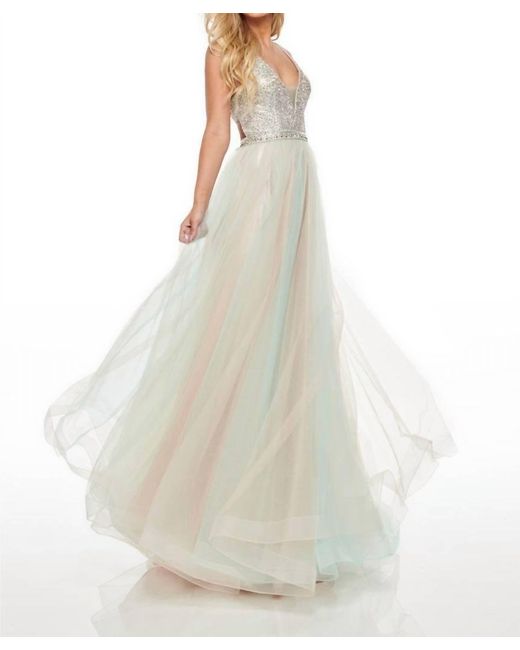Rachel Allan White Tulle A-Line Prom Gown With Ab Stones