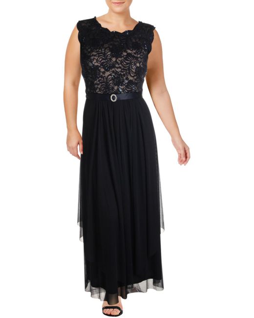 R & M Richards Black Plus Lace Sequined Evening Dress