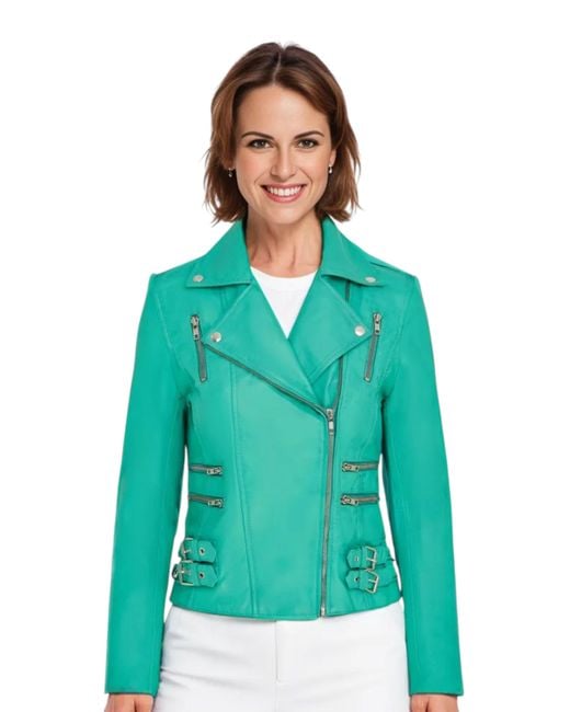 Infinity Leather Green Leather Tan Brando Biker Jacket-Constantia
