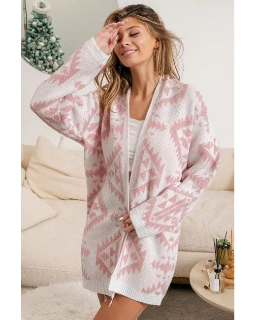 TRUEDAMES Pink Aztec Pattern Open Front Cardigan