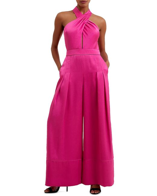 French Connection Pink Harlow Satin Halter Jumpsuit