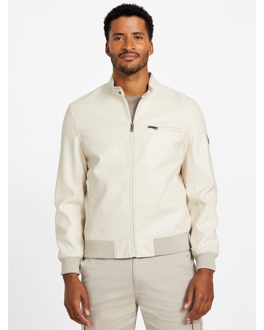 Guess White Faris Faux-Leather Biker Jacket for men