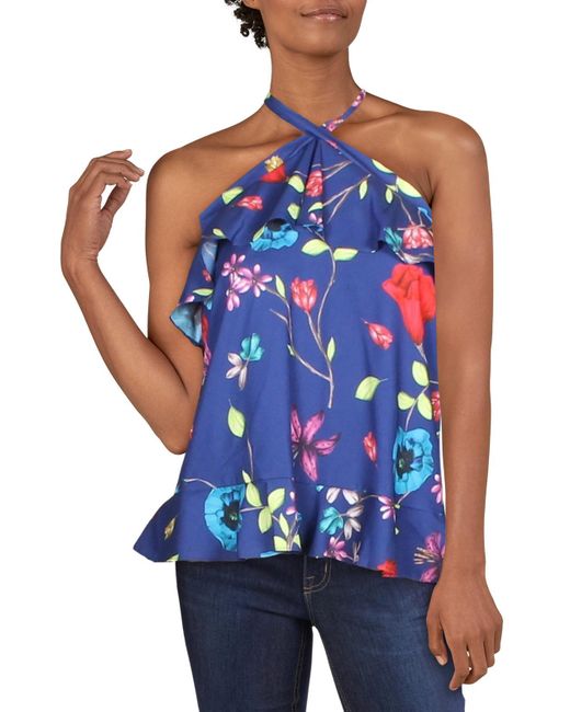 Parker Nashley Ruffled Floral Halter Top in Blue Lyst