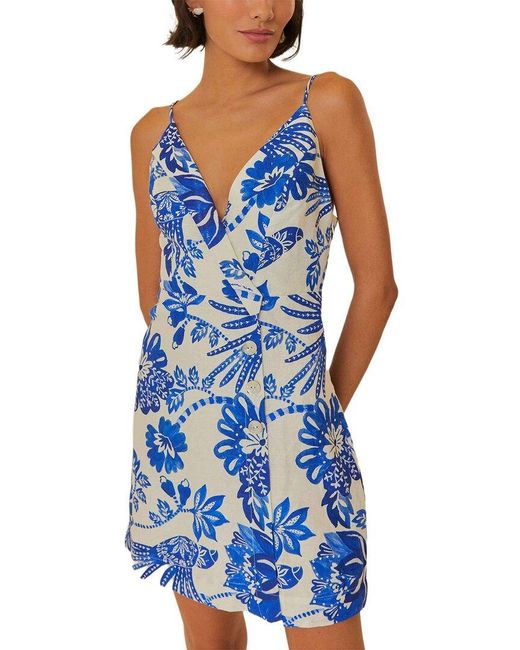 FARM Rio Women's Blue Floral Birds Off Linen Mini Dress