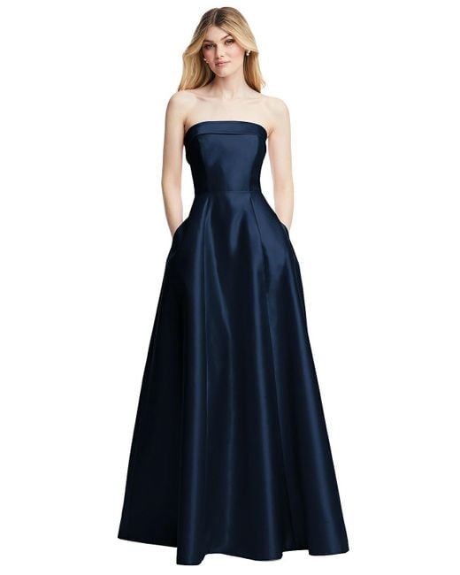 Alfred Sung Blue Strapless Bias Cuff Bodice Satin Gown With Pockets