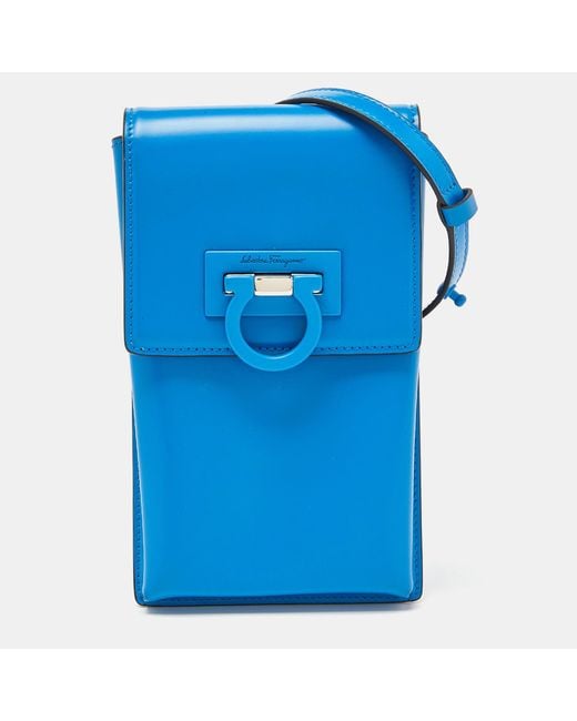 Ferragamo Blue Leather Trifolio Phone Holder Crossbody Bag