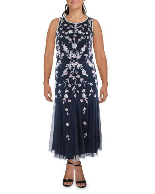 Adrianna Papell Blue Beaded Sleeveless Evening Dress
