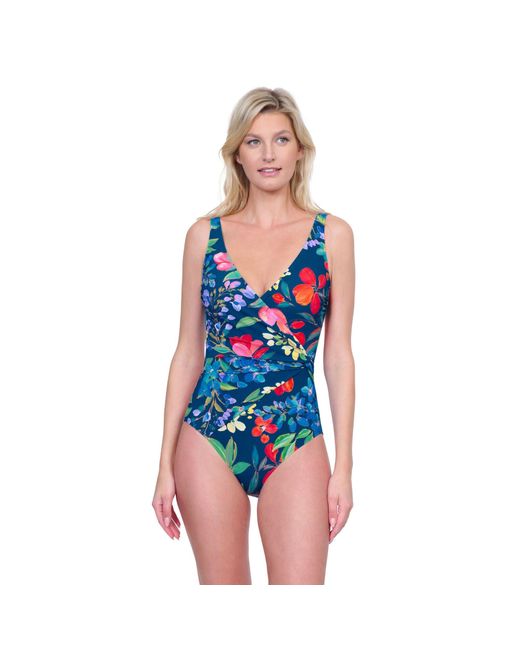 Gottex Blue Garden Dream V-Neck Surplice One-Piece Swimsuit