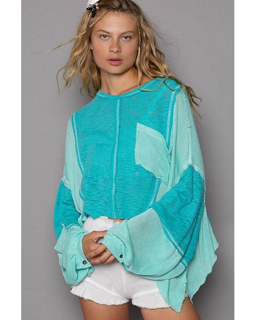TRUEDAMES Blue Round Neck Contrast High-Low Top