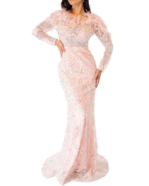 Terani Pink Silver Fishtail Embellished Gown