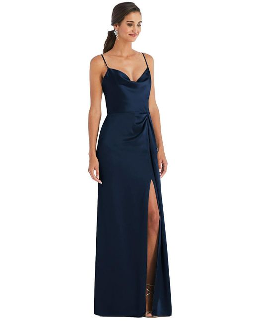Dessy Collection Blue Cowl-neck Draped Wrap Maxi Dress With Front Slit