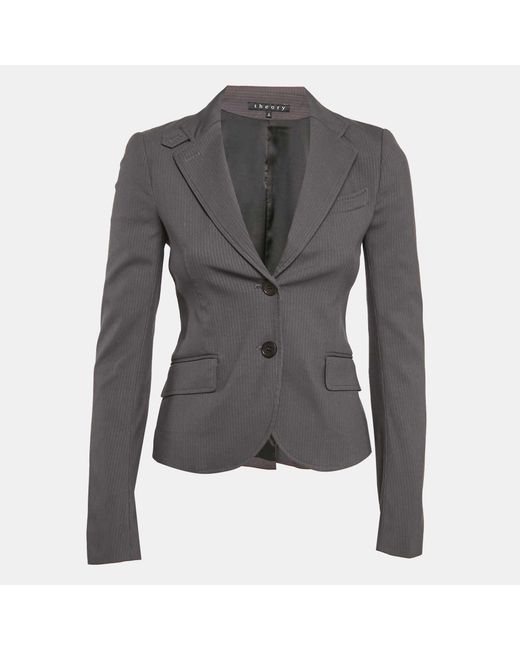 Theory Gray Stripe Patterned Cotton Blend Blazer