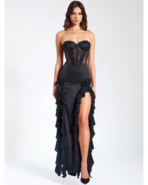 Miss Circle Women's Black Talia Satin Lace Corset Maxi Dress