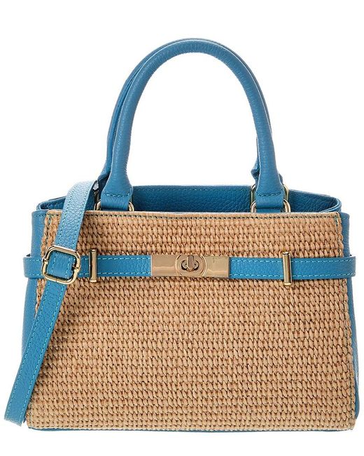 Persaman New York Blue Kate Straw & Leather Satchel