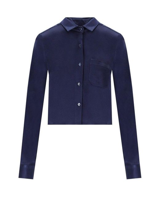 Cruna Blue Cropped Satin Effect Shirt With Classic Collar
