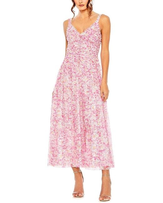 Mac Duggal Pink Mesh-neck Floral Print Dress