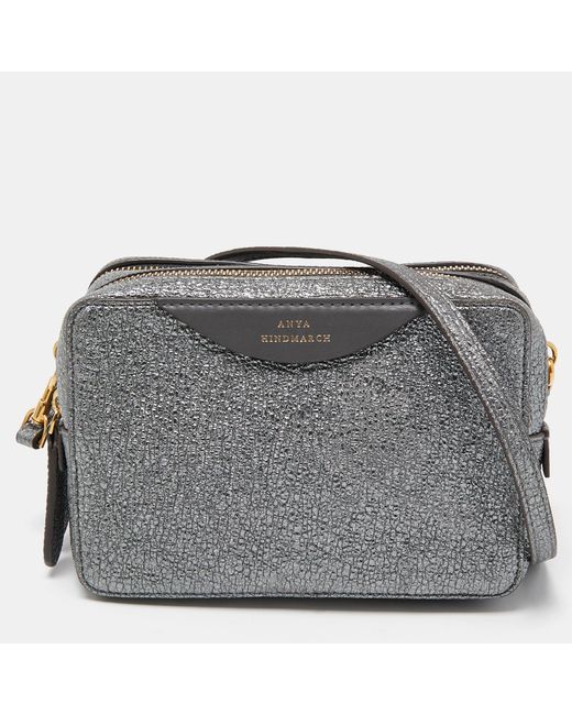 Anya Hindmarch Gray Metallic Crinkled Leather Double Stack Crossbody Bag