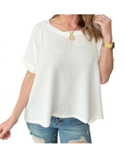 Zenana White Textured Line Twisted Short Sleeve Top