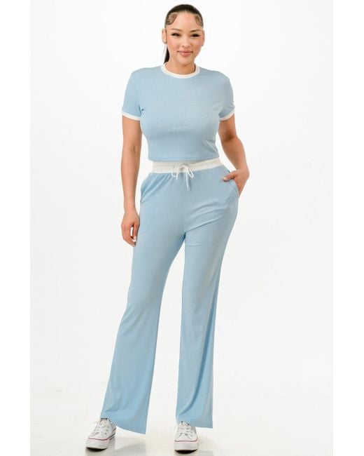 TRUEDAMES Blue Ribbed Contrast Binding Top And Pants Set