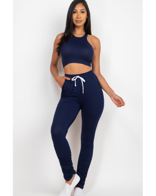 TRUEDAMES Blue Crop Tank Top & Ruched Pants Set