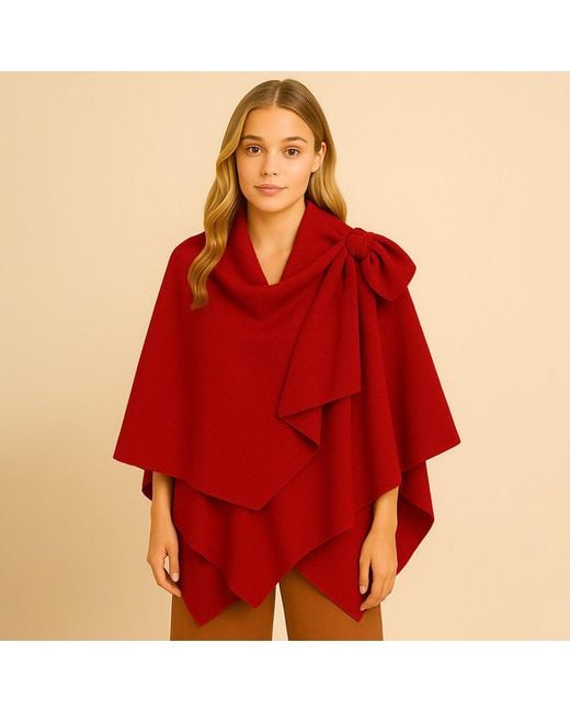 TRUEDAMES Red Solid Lurex Ruana Poncho