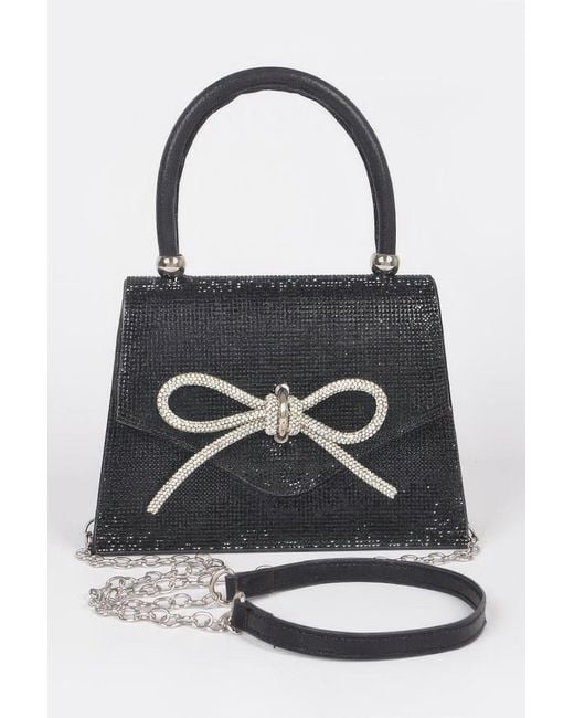 Fashnzfab Black Rhinestone Ribbon Top Handle Bag