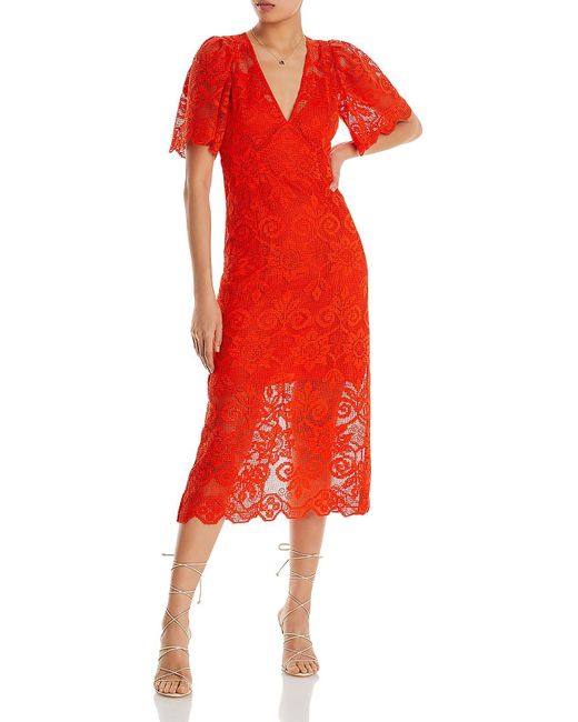 RHODE Red Tea-length Burnout Midi Dress