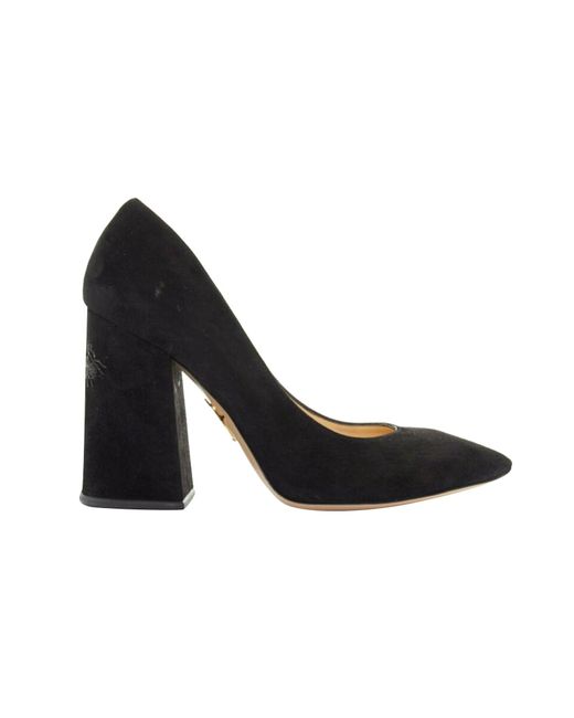 Charlotte Olympia Black Suede Point Toe Spider Embroidered Chunky High Heel