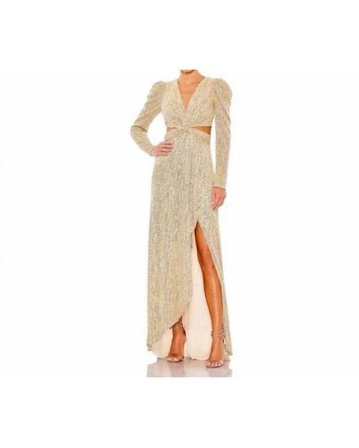 Mac Duggal Metallic Puff Sleeve Fronttwist Cut-Out Gown