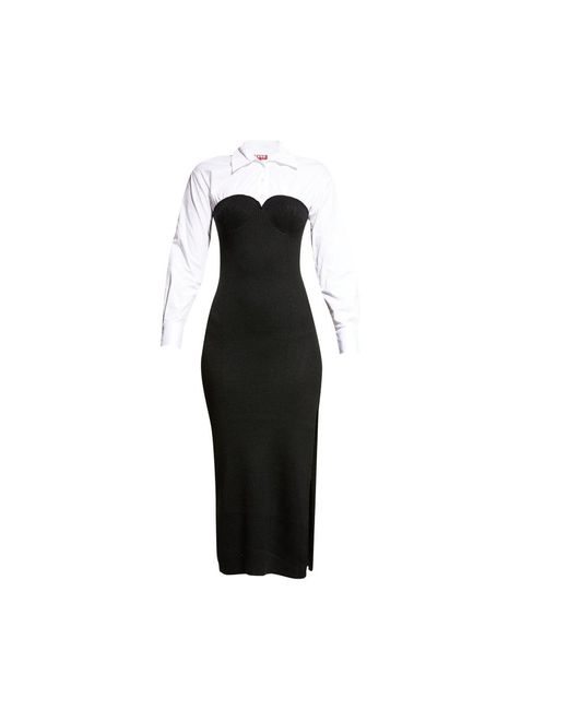 Staud Black Hazel Long Sleeves Combo Slit Midi Shirt Dress & White