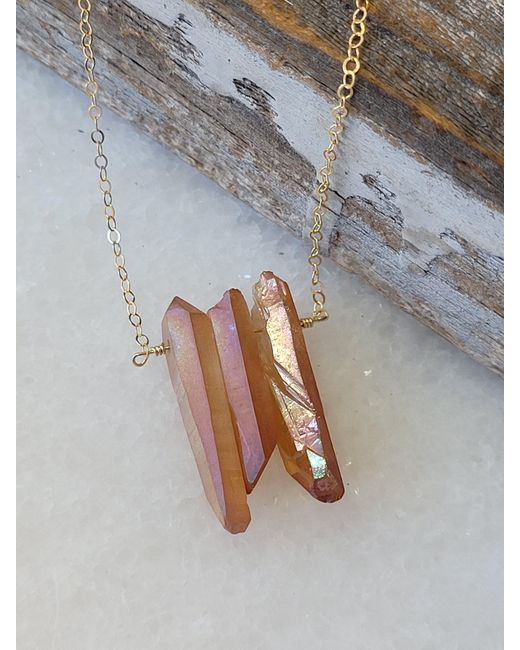 A Blonde and Her Bag Gray Three Raw Peach Quartz Crystal Pendant Necklace