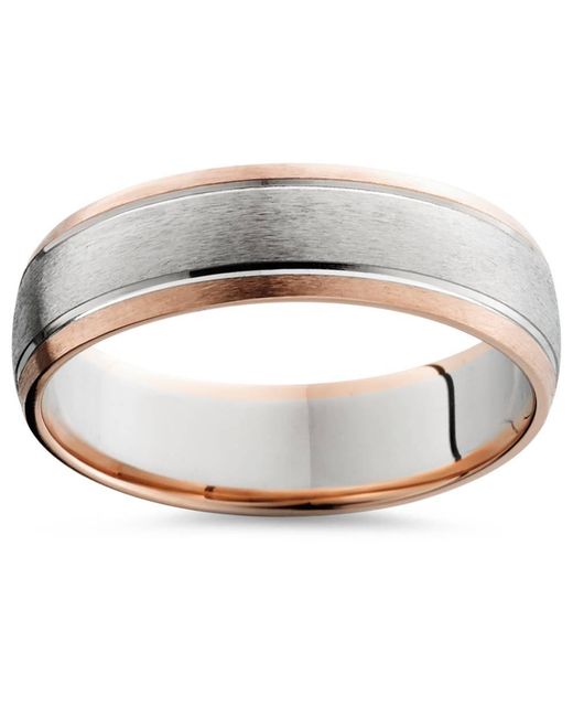 Men's 6mm Two-Tone Wedding Band - 14K Rose Gold & Brushed White Gold Ring