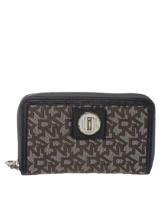 DKNY Black Monogram Canvas And Leather Zip Around Wallet