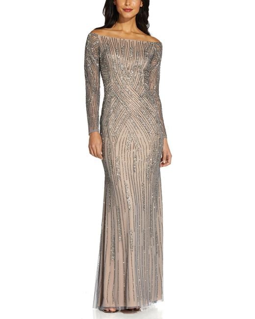 Adrianna Papell Natural Beaded Off-the-shoulder Evening Dress