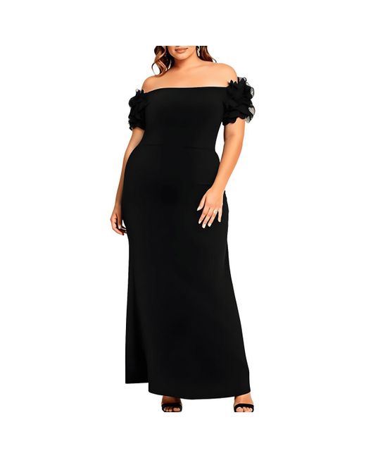 Xscape Black Plus Ruffled Polyester Evening Dress